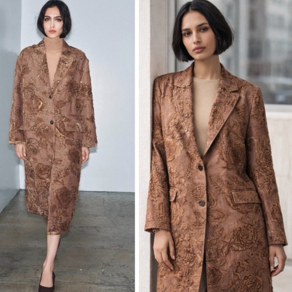 Zara Jackets & Blazers - NWT Zara Limited Edition Floral Embroidered Long coat light Brown Sz M